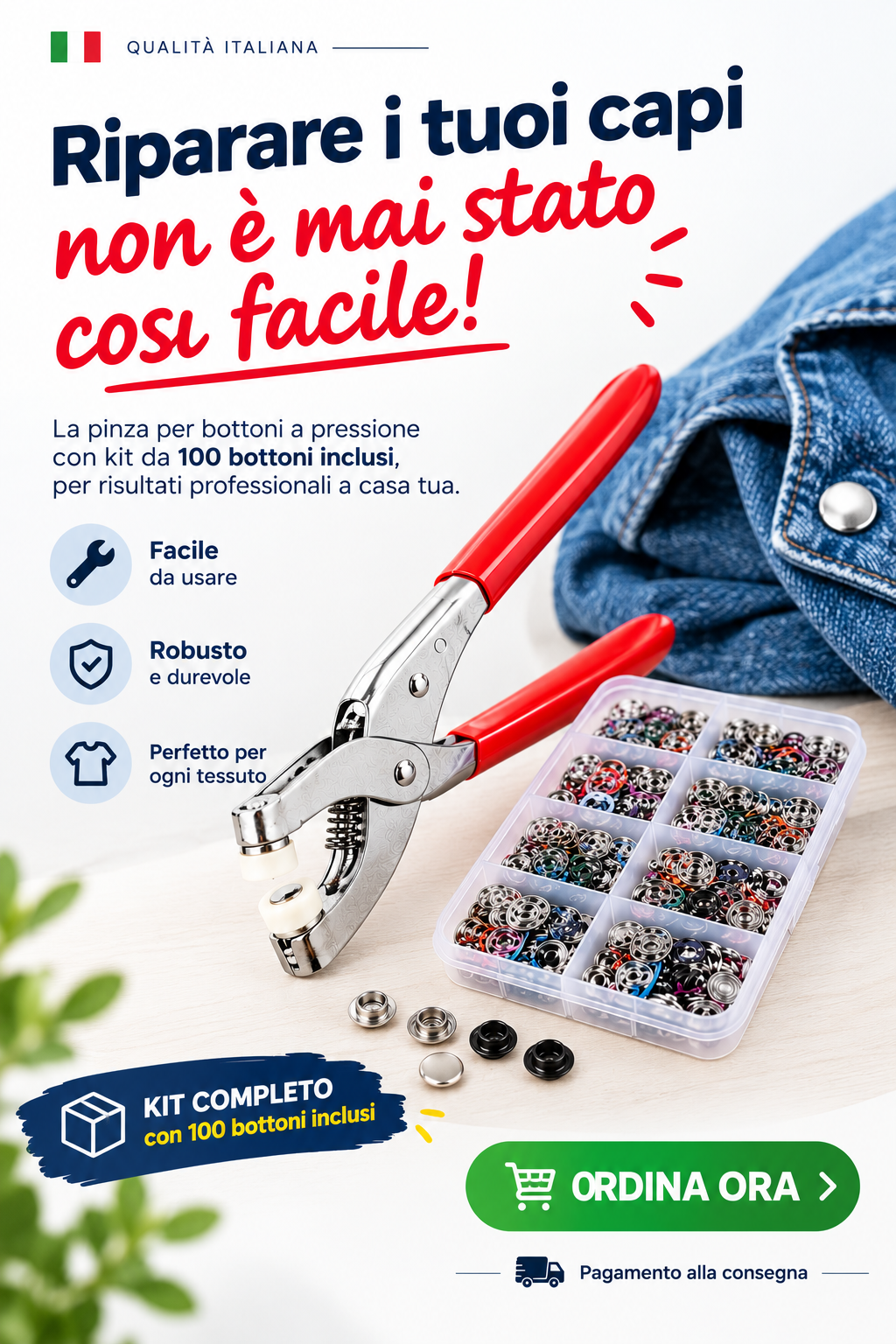 Kit Pinza Bottoni a Pressione + 100 Bottoni Metallici
