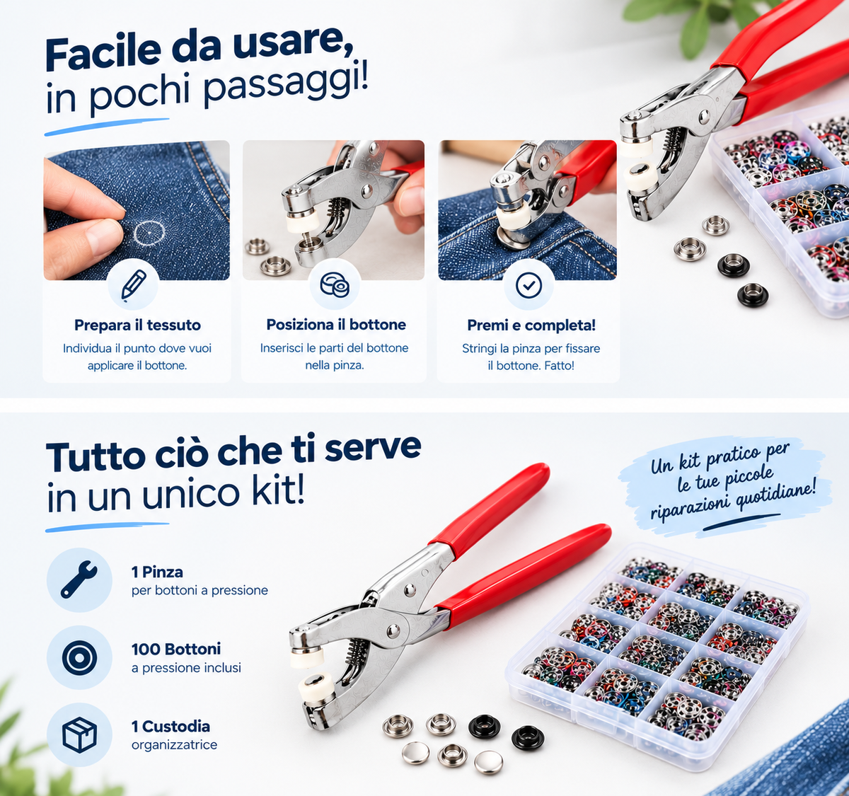 Kit Pinza Bottoni a Pressione + 100 Bottoni Metallici
